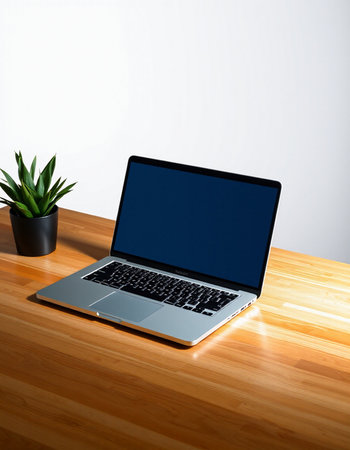 Laptop on a wooden table with a plant in a pot.の写真素材