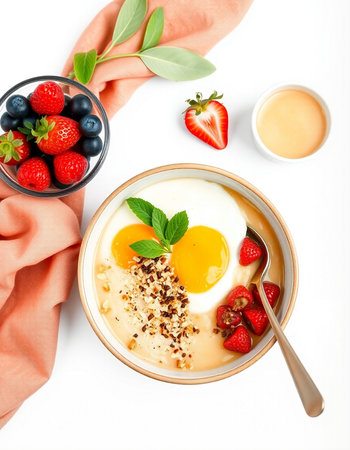 Healthy breakfast. Oatmeal porridge with strawberry, blueberry and mint on white backgroundの写真素材