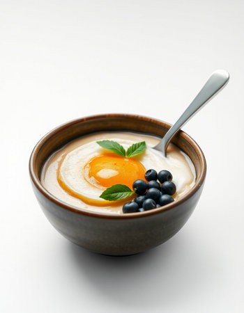 bowl of yogurt with blueberries on white backgroundの写真素材