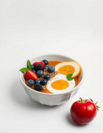 Healthy breakfast bowl with berries and eggs on white backgroundの写真素材