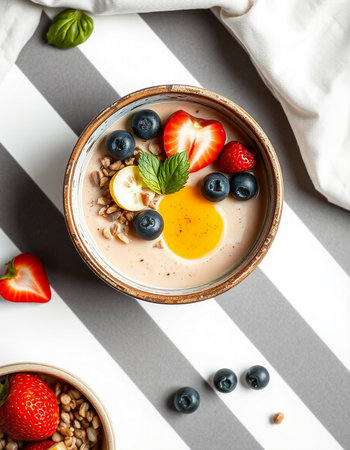Healthy breakfast bowl with oatmeal, berries and fruits, top viewの写真素材