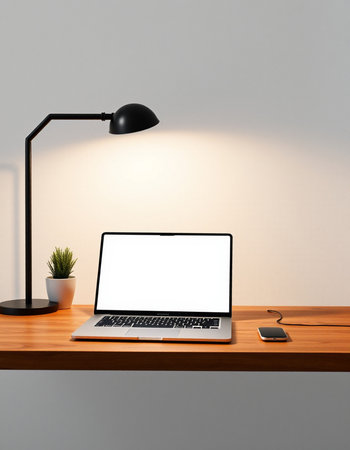 Laptop with blank screen on wooden table. 3D rendering.の写真素材