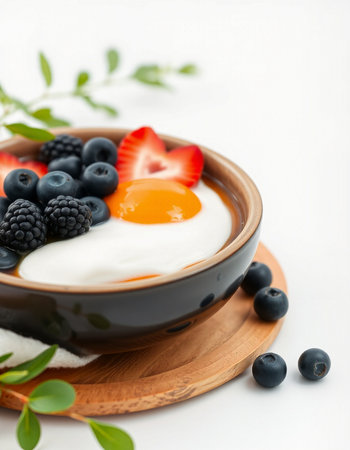 Greek yogurt with fresh berries in a bowl on a white background.の写真素材