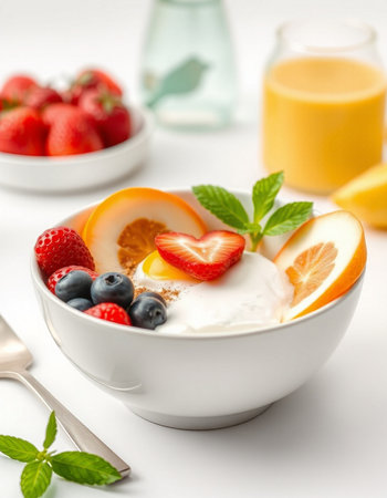 Healthy breakfast with yogurt, berries and orange juice on white backgroundの写真素材