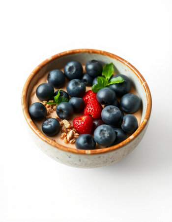 Healthy breakfast bowl with oatmeal, berries and nuts on white backgroundの写真素材