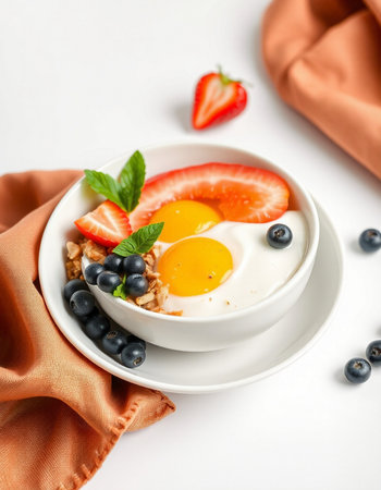 Breakfast with oatmeal, berries and eggs on a white backgroundの写真素材