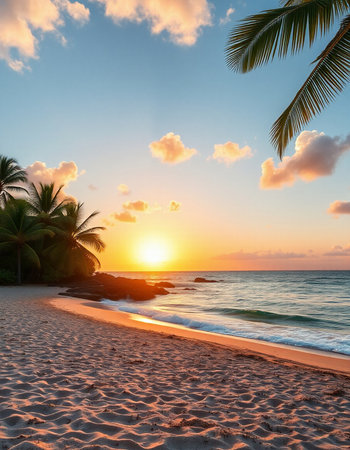 Beautiful tropical beach and sea with coconut palm tree at sunset timeの写真素材
