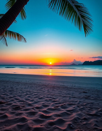 Beautiful tropical beach and sea with coconut palm tree at sunset time - Holiday Vacation conceptの写真素材