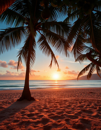 Tropical beach with coconut palm tree at sunset. Nature backgroundの写真素材