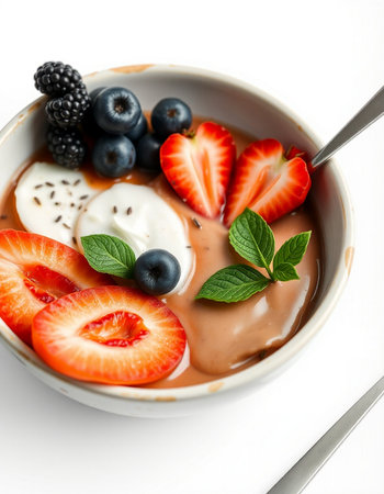 Bowl of chocolate yoghurt with berries on white backgroundの写真素材