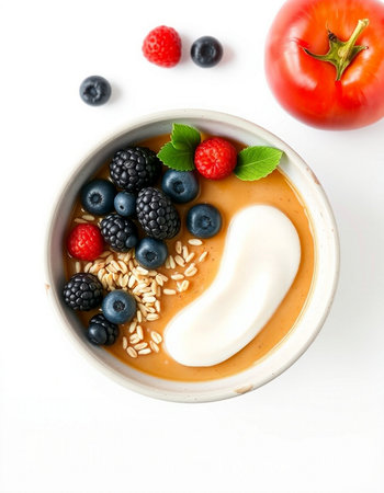Healthy breakfast bowl with berries and yogurt on white backgroundの写真素材