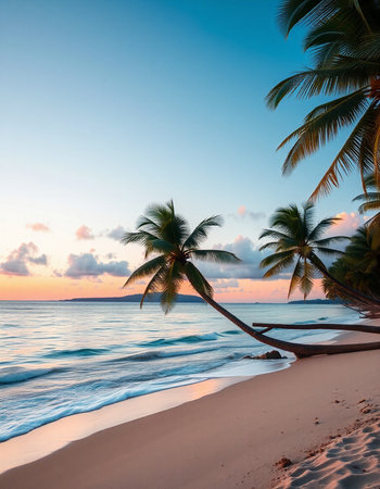 Beautiful tropical beach and sea with coconut palm tree at sunset time - Holiday Vacation conceptの写真素材