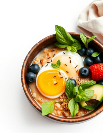 Bowl of oatmeal porridge with fresh berries and egg. Healthy breakfast.