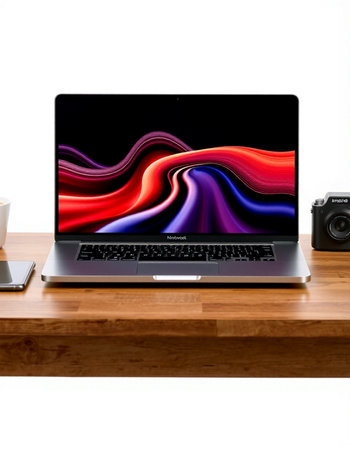 Laptop on a wooden table with a white background and a camera