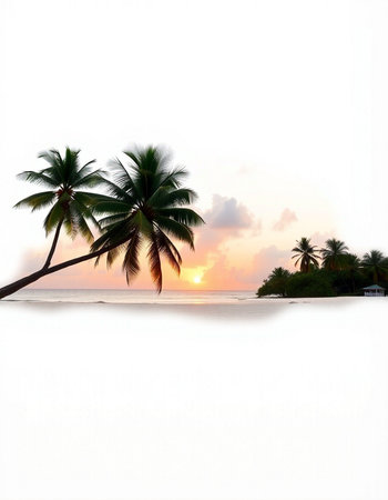 Tropical beach with coconut palm trees at sunset. White backgroundの写真素材
