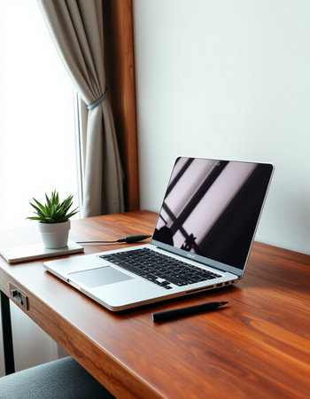 Laptop with blank screen on wooden table in modern living room interiorの写真素材