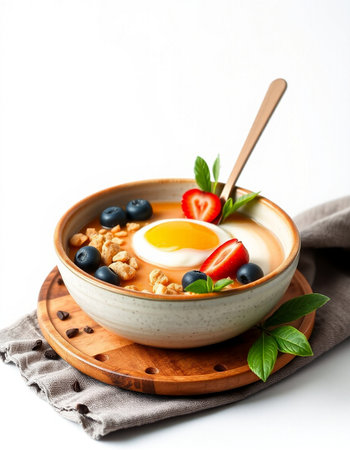 Breakfast bowl with oatmeal, berries and egg on white background