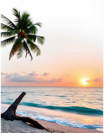 Tropical beach with coconut palm tree at beautiful sunset. Nature backgroundの写真素材