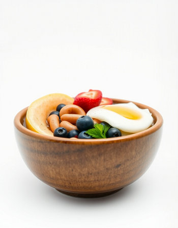 Fruit salad in a wooden bowl isolated on a white background.