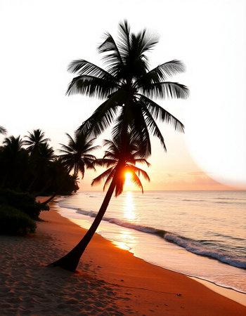 Silhouette of coconut palm tree on the beach at sunset.の写真素材