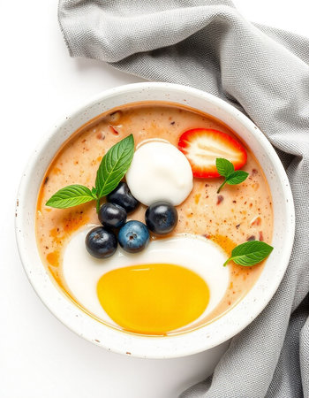 Bowl of oatmeal porridge with blueberries, strawberries and egg yolk