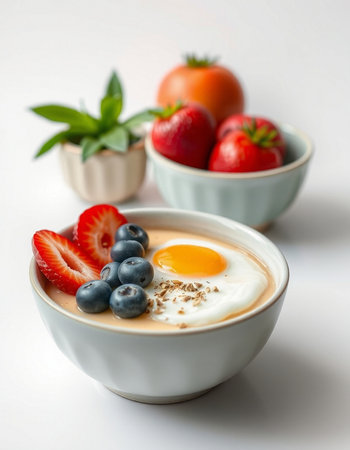 Cup of yogurt with strawberry, blueberry and egg on white background