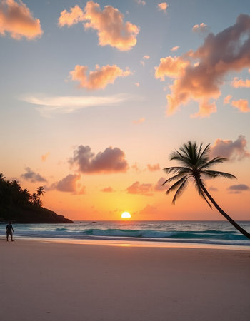 Tropical beach with coconut palm trees at sunset, Seychelles