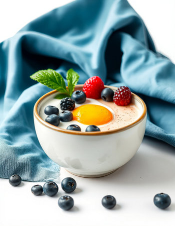 Healthy breakfast with yogurt, berries and egg on a white backgroundの写真素材
