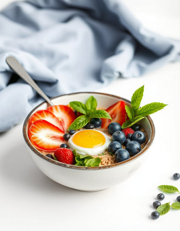 Healthy breakfast bowl with oatmeal, berries and fried egg.の写真素材