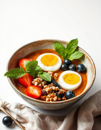 Tomato soup with egg, blueberries and nuts.