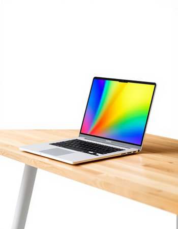 Laptop on wooden table isolated on white background with clipping path.の写真素材