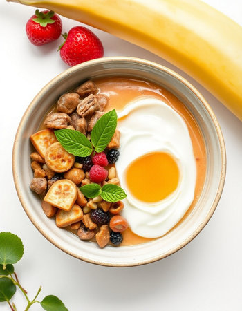 Healthy breakfast with yoghurt, nuts and fruits on white background