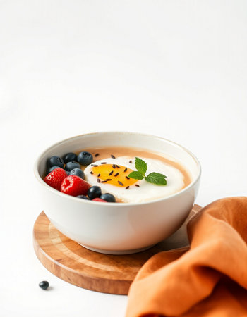 yogurt with fresh berries in a bowlの写真素材