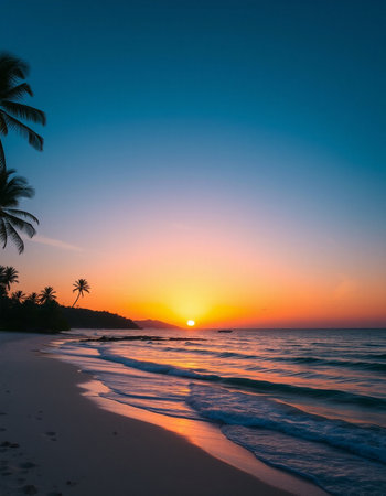 Beautiful tropical beach and sea with coconut palm tree at sunset time - Holiday Vacation conceptの写真素材