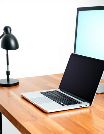 Laptop on wooden table with lamp and white wall in background.