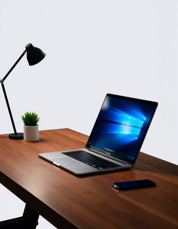 Laptop on a wooden desk and a lamp on a white background