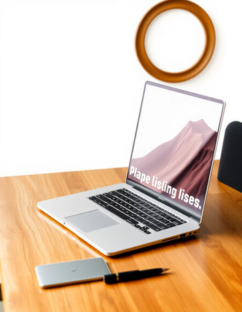 Laptop on a desk with a high angle view of a white background with a text on the screen