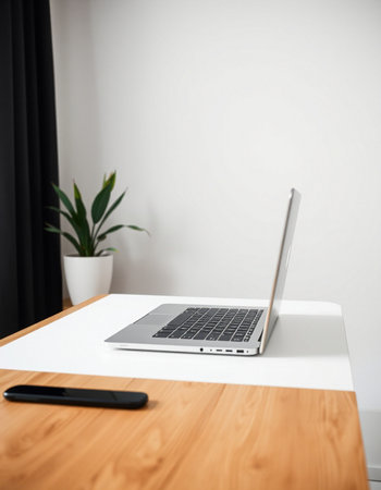 Laptop with blank screen on table in office. Workplace conceptの写真素材