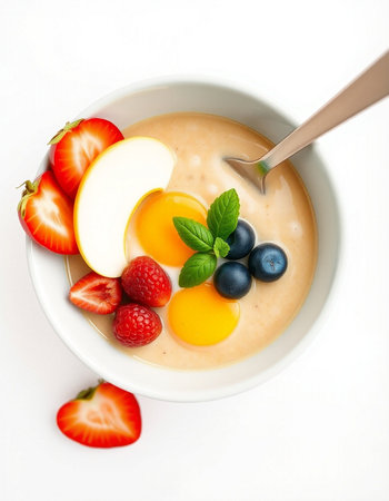 Bowl of porridge with fresh berries on white background