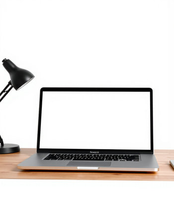 Laptop computer with blank screen on wooden table isolated on white background