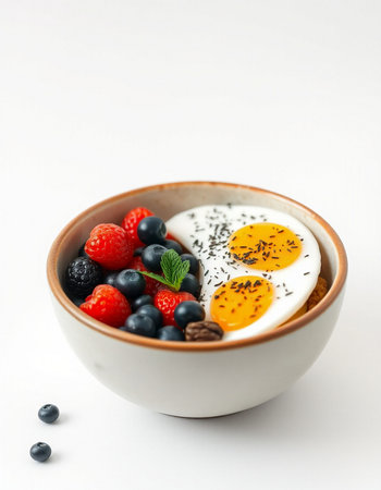 Healthy breakfast with berries and fried egg on white backgroundの写真素材