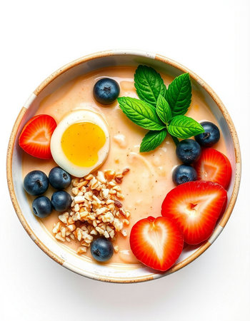Healthy breakfast bowl with oatmeal, berries and egg