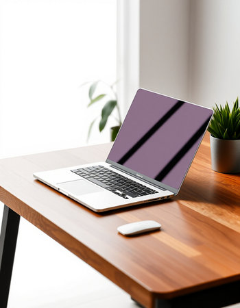 laptop with blank screen on wooden table in office. 3d rendering