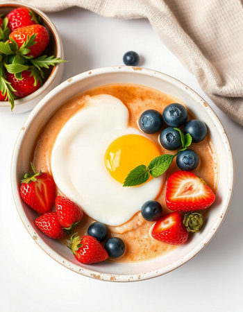 Breakfast with omelet, strawberries and blueberries on white background