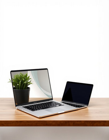 Laptop computer on wood table with white wall background, stock photo