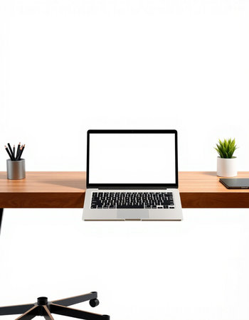 Modern workspace with blank screen laptop computer, coffee cup and supplies on wooden desk isolated on white background.の写真素材