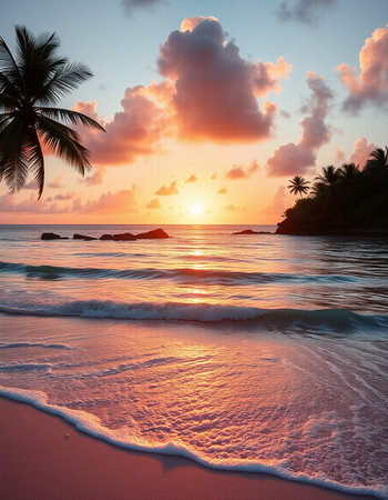 Tropical beach with palm trees at sunset, Seychelles