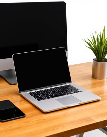 Laptop on a wooden table with a black screen and a plant