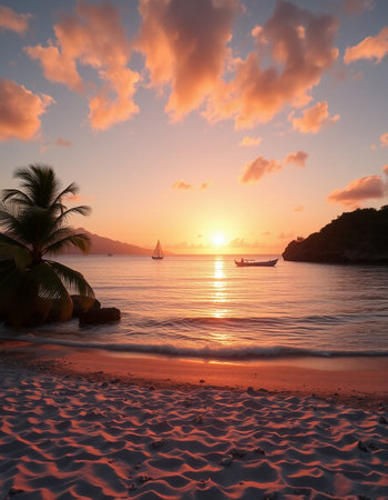 Tropical beach with palm trees at sunset, Seychellesの写真素材