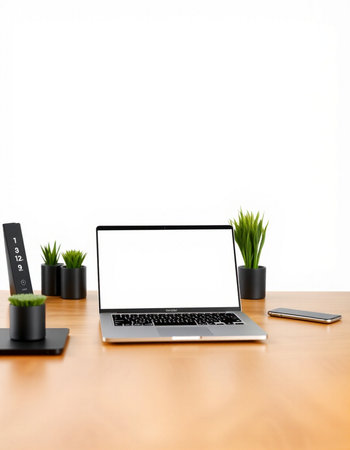 Modern workspace with blank screen laptop computer, smartphone and plant pot on wooden desk.